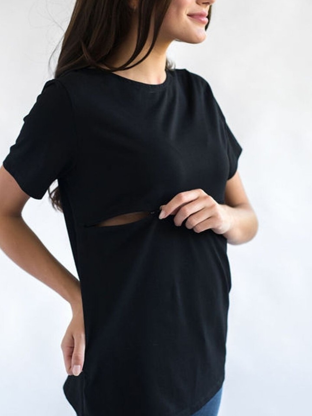 Nursing Queen Cotton Black Short Sleeve Nursing Tee with Discreet Zip Access